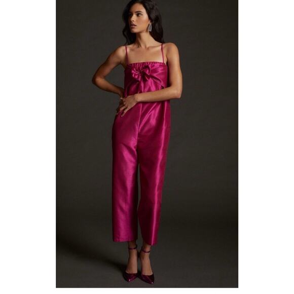 NWT Anthropologie Hutch Pink Satin Bow-Tie Sleeveless Cropped Jumpsuit Medium - Picture 1 of 14